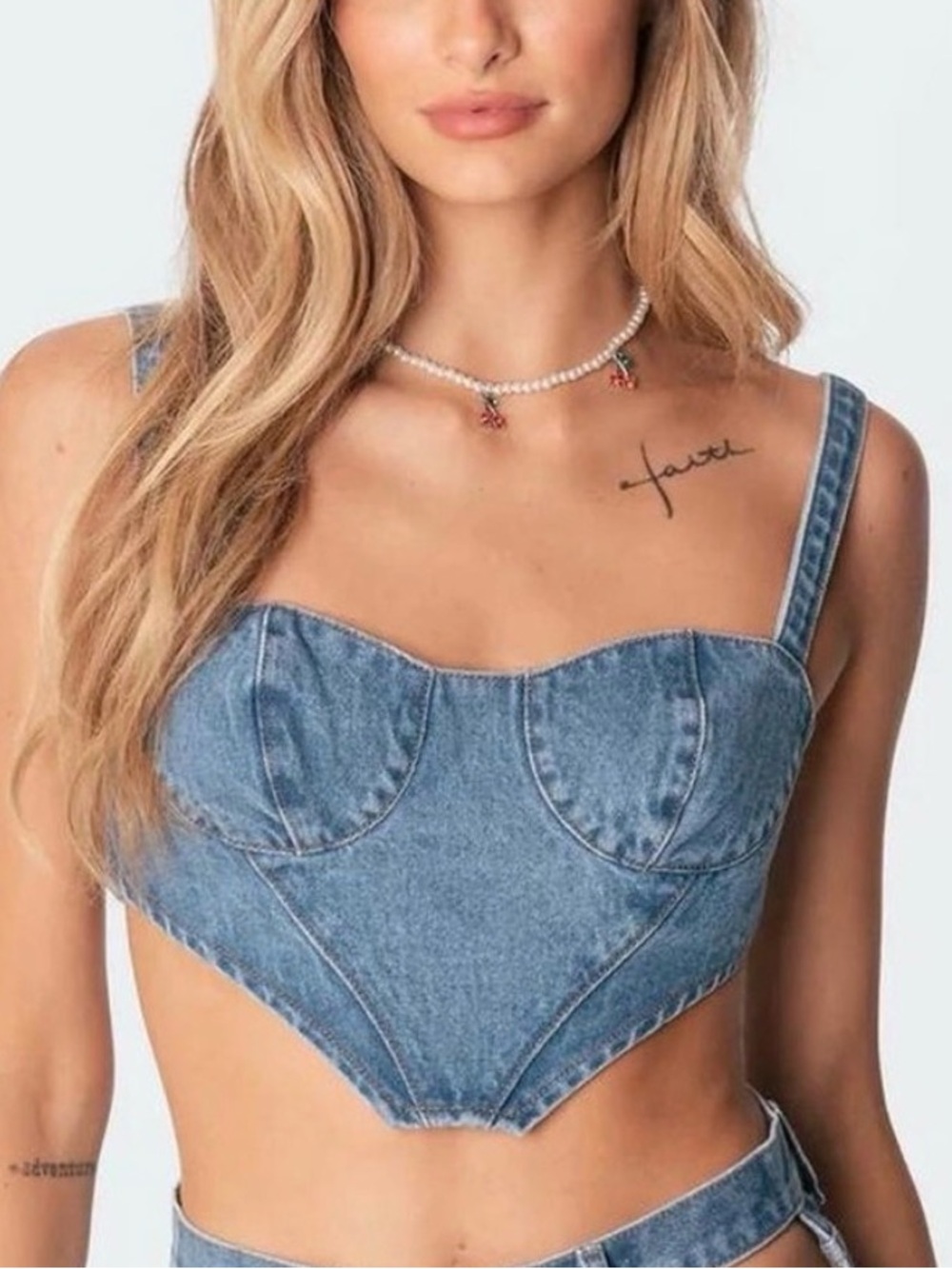Edikted denim corset bustier crop top size small summer concert country Jean